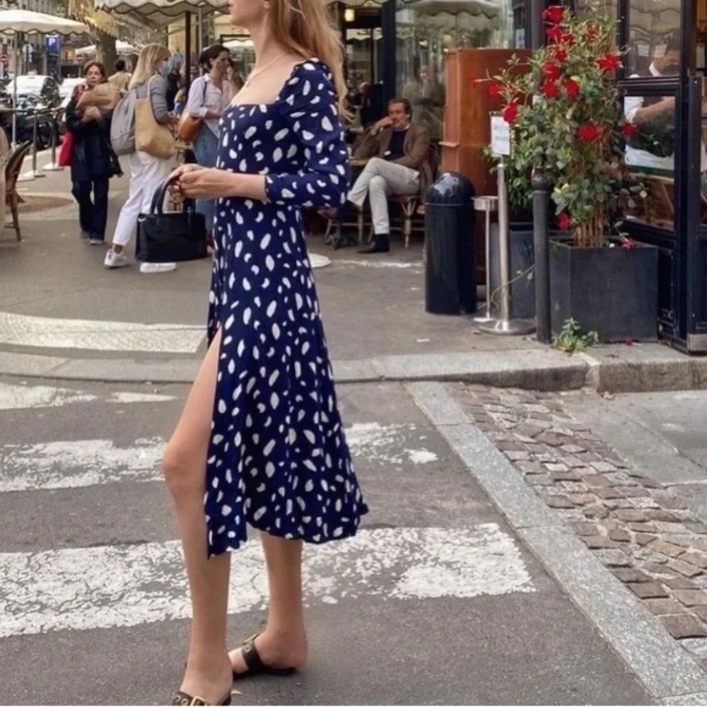 Reformation Sigmund Dress Navy Splatter - Size 4 - Picture 2 of 7